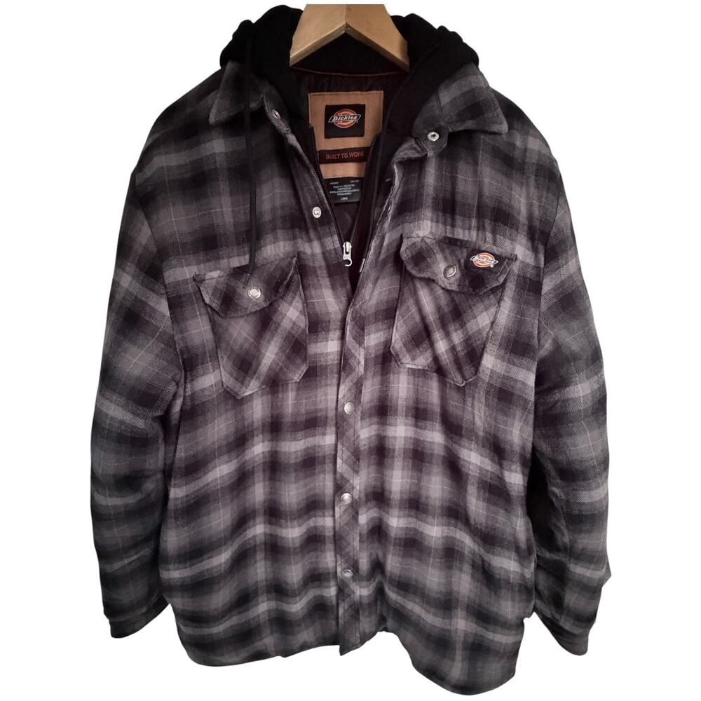 Dickies Built To Work Hooded Flannel Jacket Gray Black Plaid Mens Large